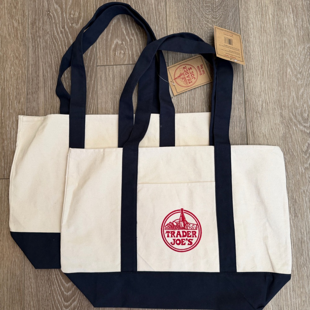 NWT Trader Joe's Cream and Navy Canvas Tote with Red Logo